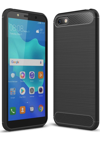 Huawei Y5 2018 Brushed Carbon Fiber Silikon Kılıf - Siyah