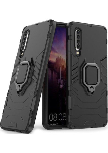 Huawei P30 Batman Serisi Yüzük Standlı Armor Kılıf - Siyah