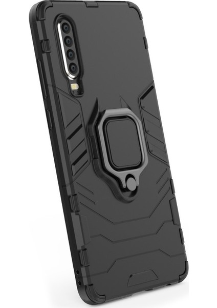 Huawei P30 Batman Serisi Yüzük Standlı Armor Kılıf - Siyah