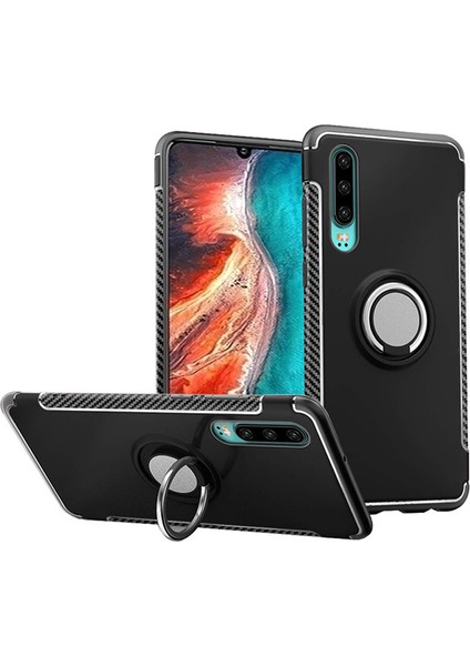 Huawei P30 Yüzük Standlı Armor Silikon Kılıf - Siyah