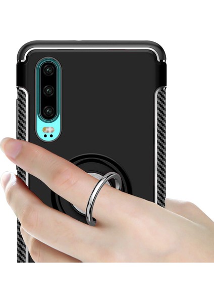 Huawei P30 Yüzük Standlı Armor Silikon Kılıf - Siyah