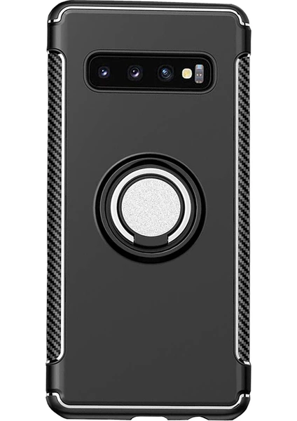 Samsung Galaxy S10 Plus Yüzük Standlı Armor Silikon Kılıf - Siyah