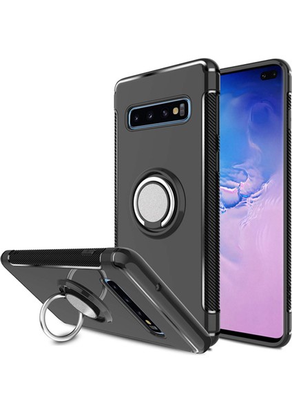 Samsung Galaxy S10 Plus Yüzük Standlı Armor Silikon Kılıf - Siyah