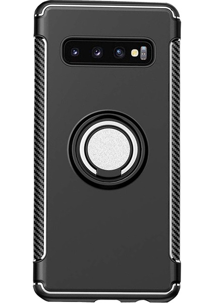 Samsung Galaxy S10 Yüzük Standlı Armor Silikon Kılıf - Siyah