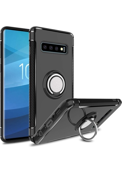 Samsung Galaxy S10 Yüzük Standlı Armor Silikon Kılıf - Siyah