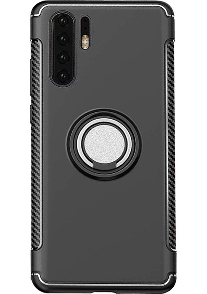 Huawei P30 Pro Yüzük Standlı Armor Silikon Kılıf - Siyah