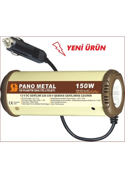 Pano Metal Çakmaktan 12 Volt 220 Volt 150 Watt USB'li İnverter Dönüştürücü