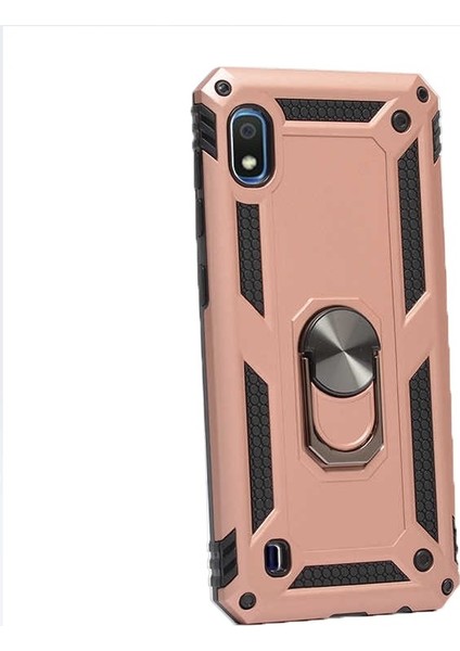 Samsung Galaxy A10 Kılıf Vega Standlı Yüzüklü Mıknatıslı+Nano Glass Bronz