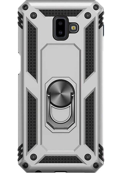 J6 Plus Kılıf Vega Standlı Yüzüklü Mıknatıslı Gümüş