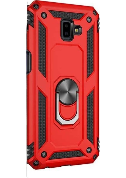 Samsung Galaxy J6 Plus Kılıf Vega Yüzüklü Mıknatıslı+Nano Glass Kırmızı