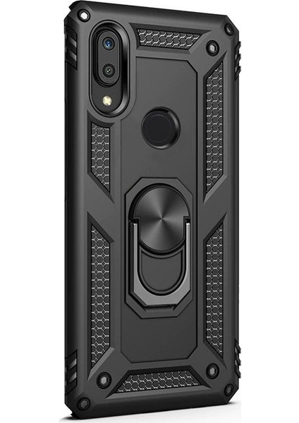 Case Street Huawei Y7 2019 Kılıf Vega Standlı Yüzüklü Mıknatıslı+Nano Glass Siyah