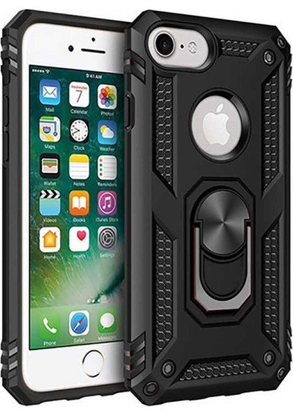 iPhone 8 Kılıf Shockproof Standlı Yüzük Tutuculu Mega Case Siyah + Temperli Ekran Koruma