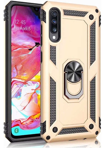 Samsung Galaxy M10 Kılıf Shockproof Standlı Yüzük Tutuculu Mega Case Altın