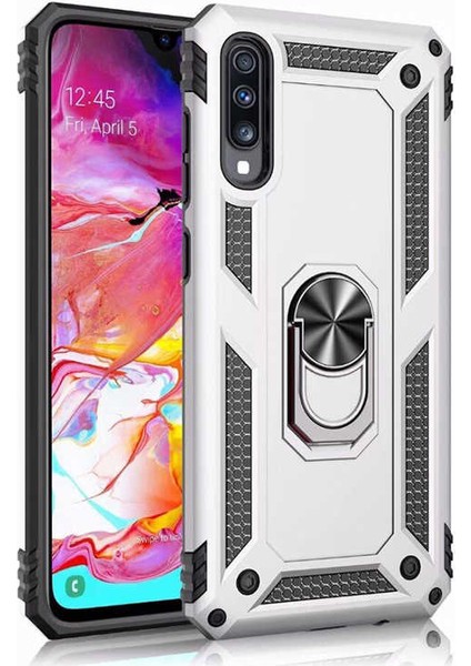Samsung Galaxy M10 Kılıf Shockproof Standlı Yüzük Tutuculu Mega Case Gümüş