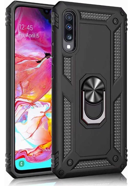Samsung Galaxy M10 Kılıf Shockproof Standlı Yüzük Tutuculu Mega Case Siyah + Temperli Ekran Koruma