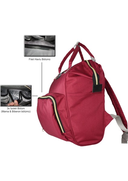Anne Bebek Bakım Sırt Çantası Fonksiyonel Su Geçirmez Çanta Bordo modelleri