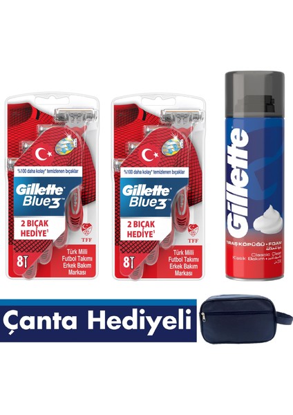 Blue3 8'li Milli Takım Özel Paketi Tıraş Bıçağı x 2 Adet + Klasik Bakım Tıraş Köpüğü 200 ml + Seyahat Çantası