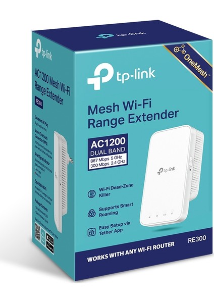 TP-Link RE300, AC1200 Mbps, 1 Ethernet Bağlantı Noktalı Wi-Fi Güçlendirici/Hotspot, Access Point Modu, Tüm Wi-Fi Yönlendiriciler ile Çalışır, Wi-Fi 5 Menzil Genişletici