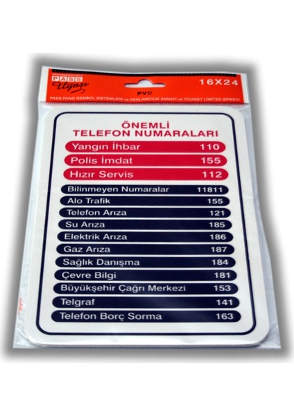 Pvc Foam Levha ÖNEMLİ TELEFON NUMARALARI 16 x 24 cm