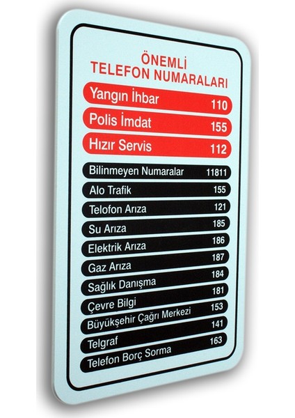Pvc Foam Levha ÖNEMLİ TELEFON NUMARALARI 16 x 24 cm