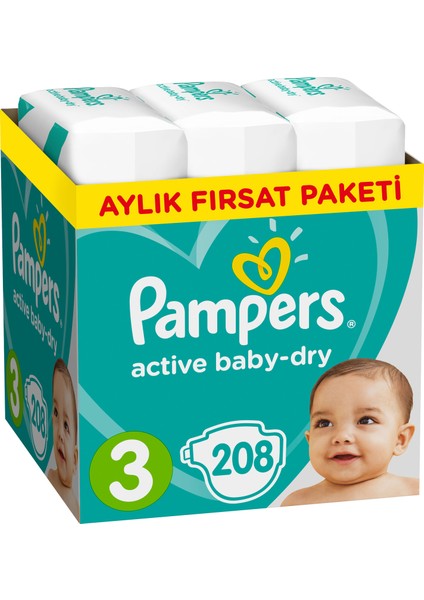 Bebek Bezi Aktif Bebek 3 Beden Midi Aylık Fırsat Paketi Paket 208 Adet