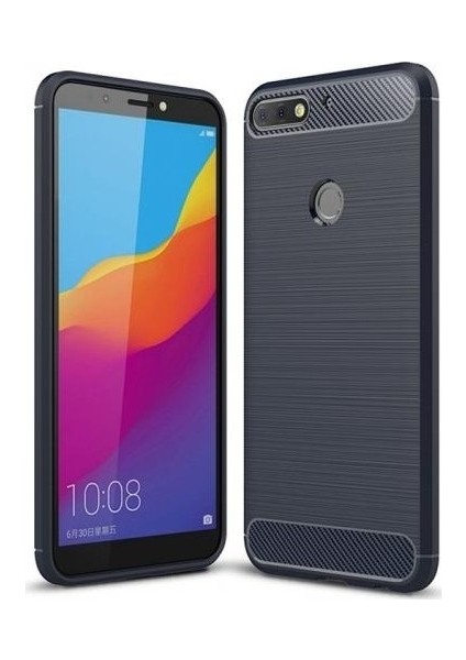 Huawei Y7 2018 Kılıf Carbon Brushed Soft TPU Silikon Kılıf Lacivert + Nano Ekran Koruyucu