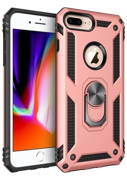 Apple iPhone 7 Plus Doom Armor Yüzüklü Standlı Mıknatıslı Kılıf Rose Gold + Nano Ekran Koruyucu Cam