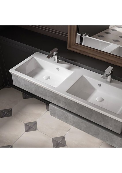 Işık 120 cm Konsollu Etejerli Çift Bölme Lavabo Beyaz Renk