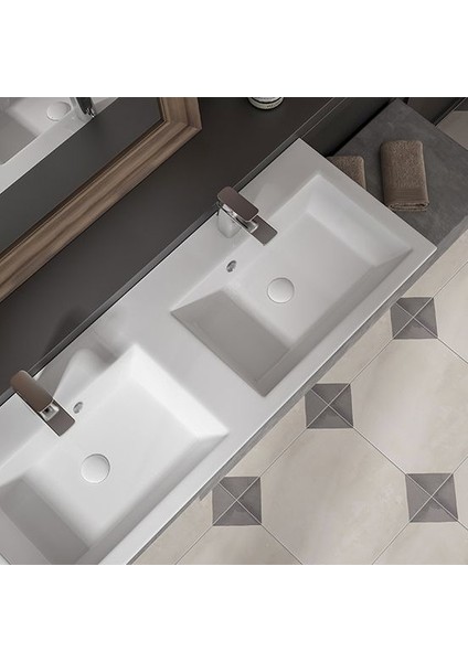 Işık 120 cm Konsollu Etejerli Çift Bölme Lavabo Beyaz Renk