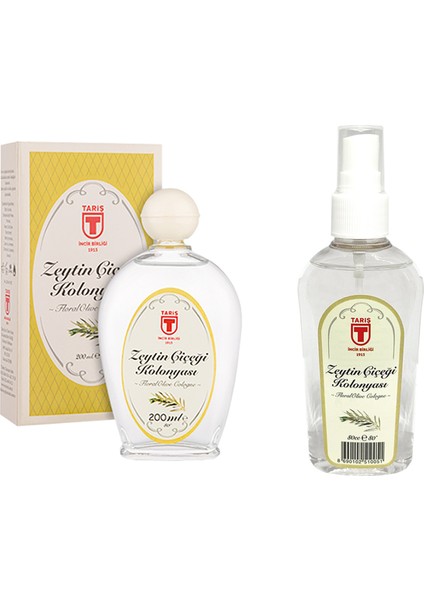 Tari̇ş Cam Şi̇şe Zeytin Çiçeği Kolonyası 200 ml ve Sprey Zeyti̇n Çi̇çeği̇ Kolonyasi 80 ml Set