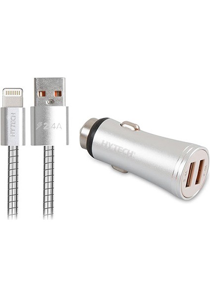 HY-X64 3.4A Hızlı Şarj Lightning Kablolu 2 USB Gümüş Metal Araç Şarj Cihazı