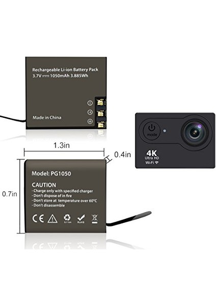 Aksiyon Kamera H9 H9R W9 Sjcam Yedek Batarya 3.7V 1050 Mah modelleri