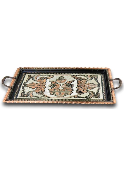 Gül Çiçek Dikdörtgen Bakır Tepsi