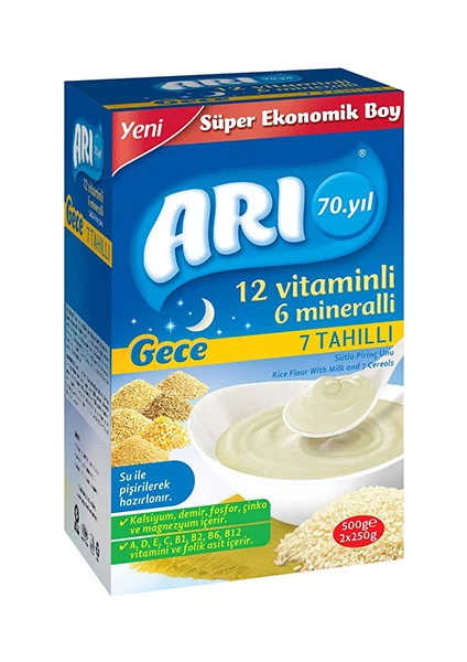 Arı 12 Vitaminlı 6 Mineralli Gece 7 Tahıllı Pirinç Unu Bebek Maması 500 gr