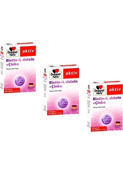 Doppelhez Aktiv Biotin + L- Sistein + Çinko 30 Kapsül 3'lü Paket