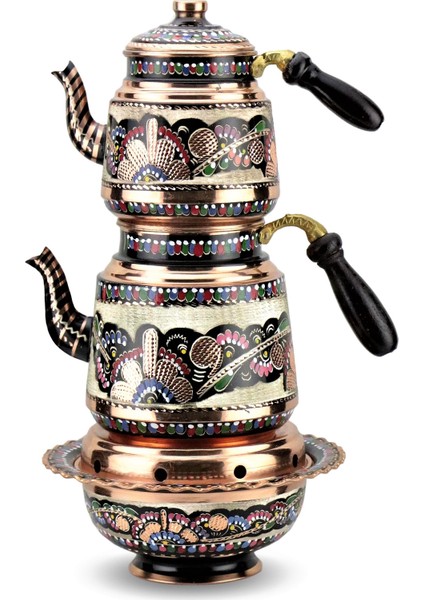 Gül Çiçek Klasik Bakır Çaydanlık ve Osmanlı Ocağı
