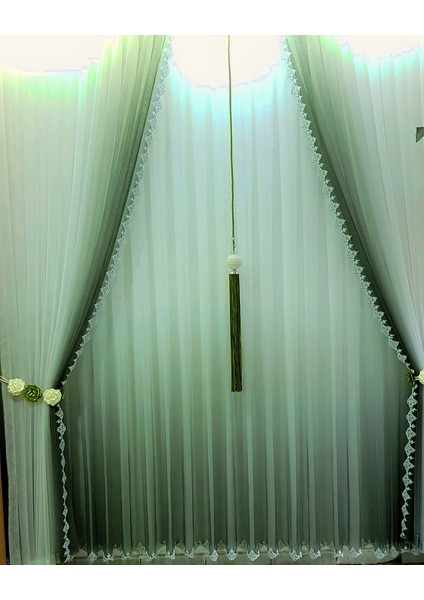 1/2,5 Orta Pileli Duru Degrade Yeşil Grek Etek Desenli Düz Tül Perde - 100x270 cm