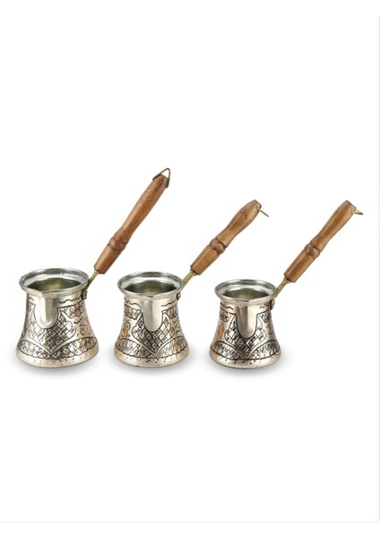 Gümüşlü Gül Çiçek Bakır 3'lü Cezve Takımı