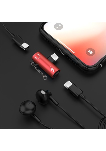 Anahtarlık Dual USB Type-C Şarj Dönüştürücü Adaptör Kırmızı