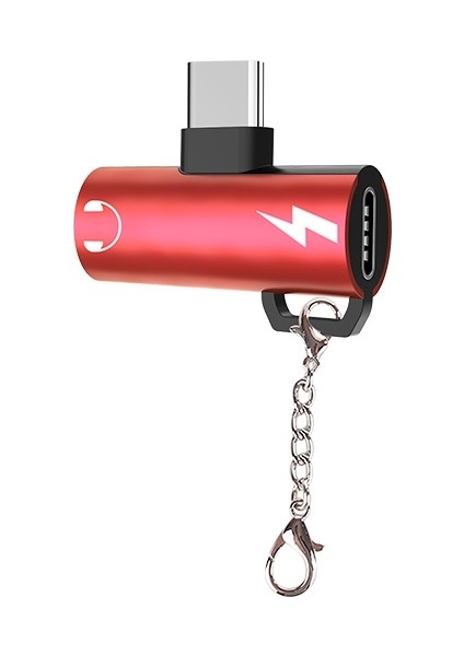 Anahtarlık Dual USB Type-C Şarj Dönüştürücü Adaptör Kırmızı