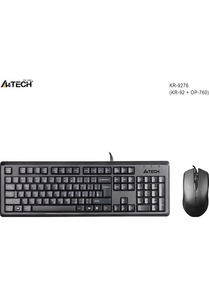 A4 TECH KR-9276 USB Q Trk Optic Mouse Suya Dayanıklı Siyah Multimedya Klavye - Mouse Set