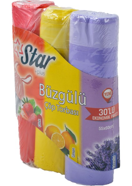 Plus Büzgülü Çöp Torbası 55X60 cm 3' Lü Eko Paket (Lavanta-Çilek-Limon)