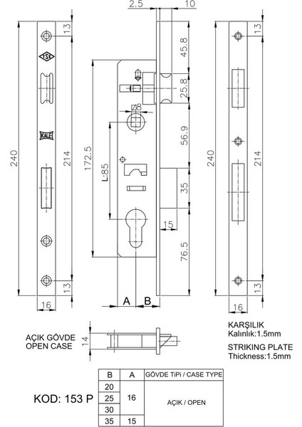 Kale 153-P Silindirli Gömme Kilit/Gövde Krom 20 Mm