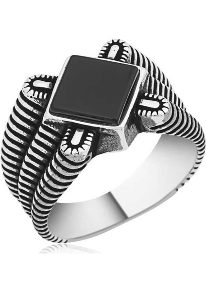 Gümüş Siyah Taşlı Erkek Yüzük