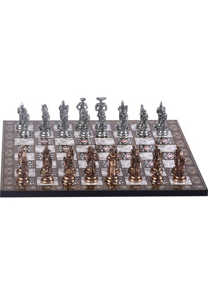 Metal İspanyol Satranç Takımı Orta Boy Antik Ve Sedef Tahtası