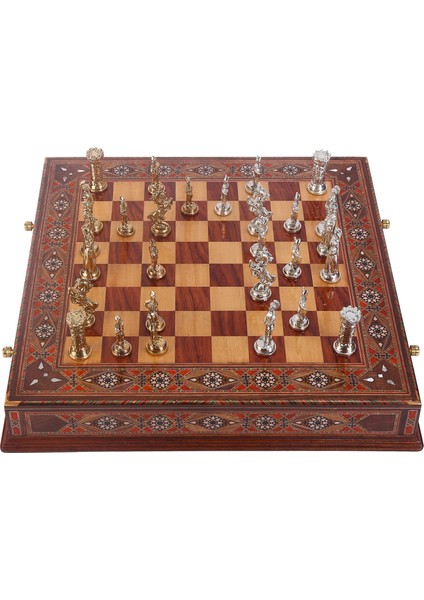 Büyük Boy Metal İngiliz Satranç Takımı Parlak Ve El Yapımı Masif Hakiki Sedef Çekmeceli Tahta
