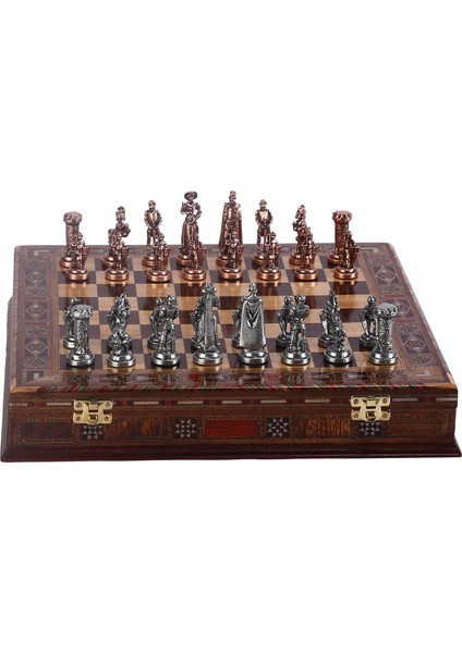 Metal İngiliz Satranç Takımı Orta Boy Antik Ve El Yapımı Masif Ahşap Sandıklı Satranç Tahtası
