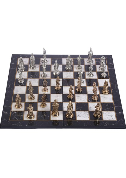 Büyük Boy Metal Osmanlı Bizans Satranç Takımı Parlak Ve Katlanır Mermer Desenli Tahta