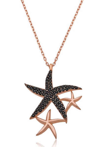 ​Gümüş Siyah Taşlı Deniz Yıldızları Bayan Kolye