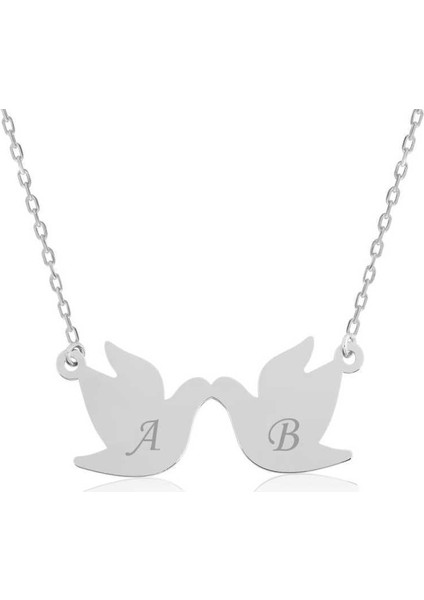 Gümüş Çifte Kumrular Harf Yazılı Kolye